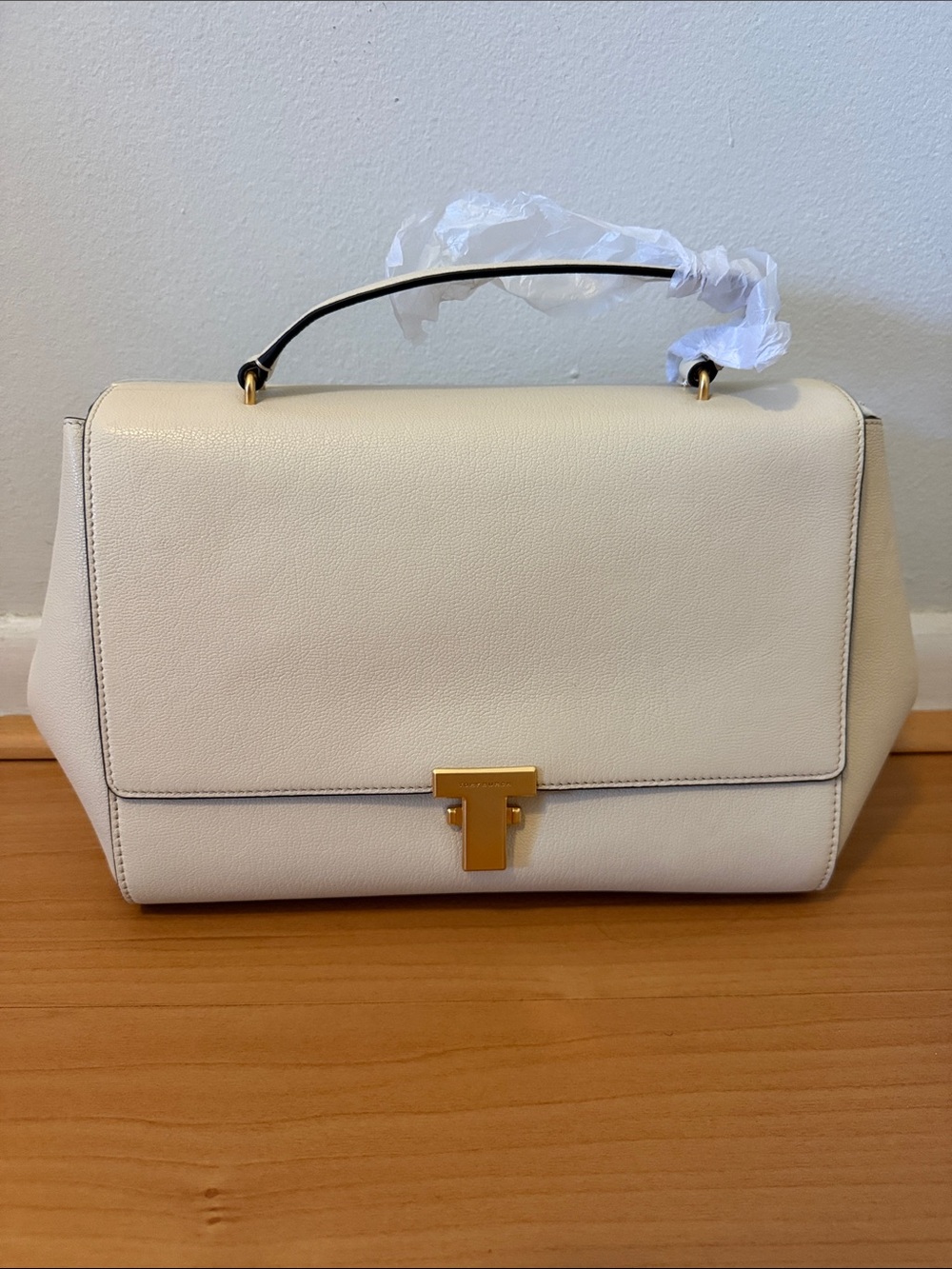 Tory Burch Cream Top-Handle Satchel with Gold Hardware